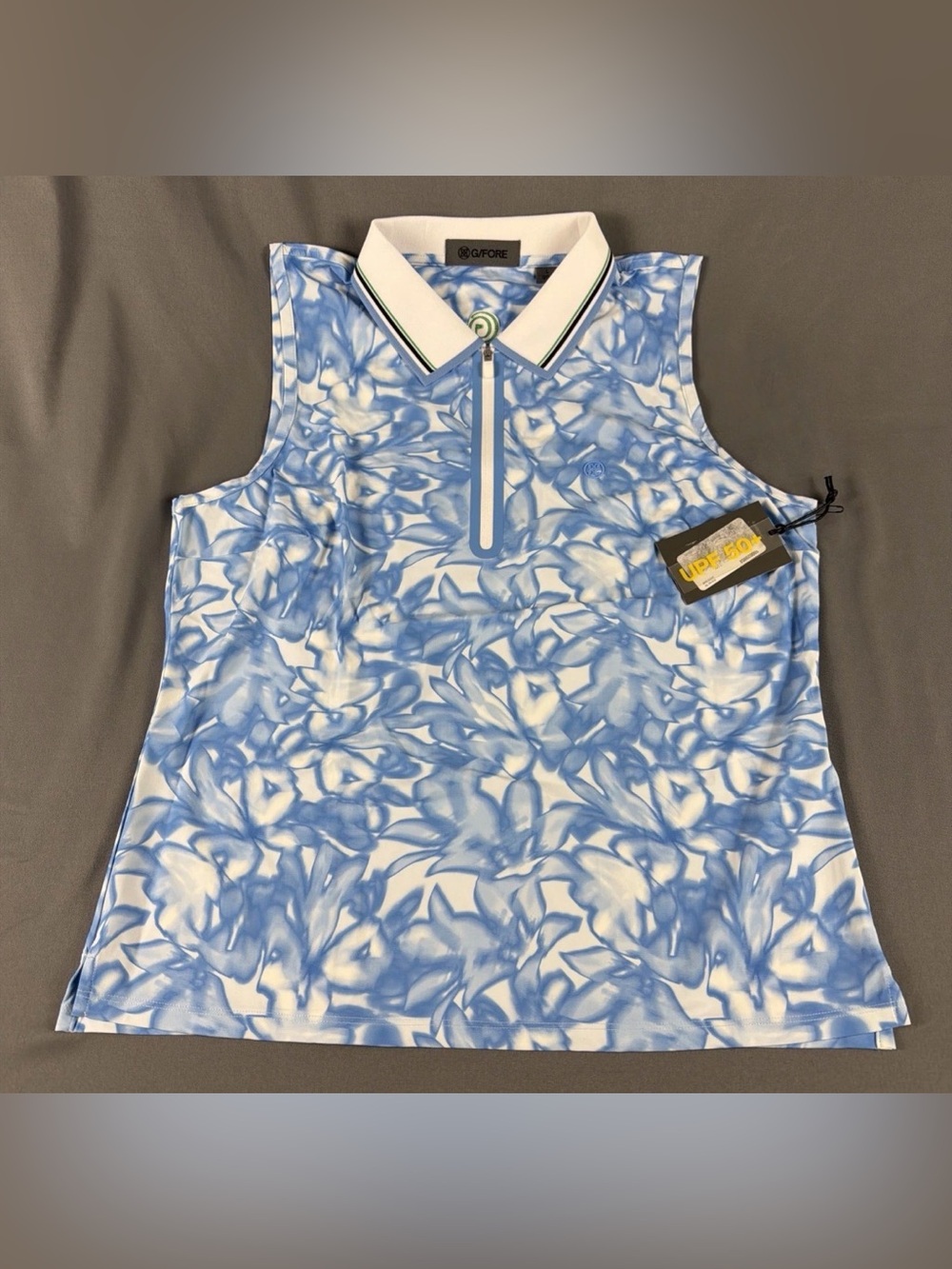 G/FORE Womens Golf Shirt Polo Neck Logo SLVLS Pritned Zip Large Blue MSRP $115
